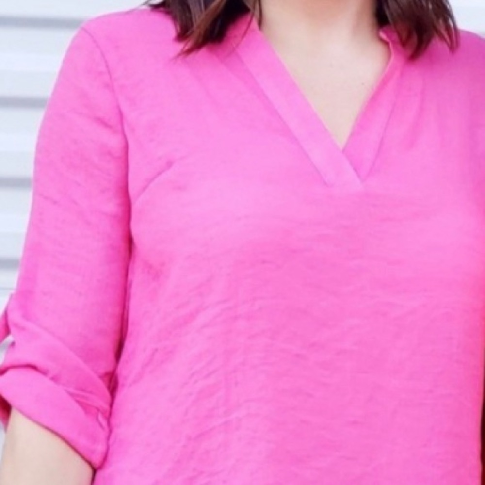 Hot pink roll sleeve notch neck blouse, Large